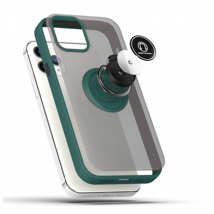 Husa Anti Fall Metal Bracket pentru Apple iPhone 13 Pro, Rezistenta la socuri, Margini colorate, Cu inel de prindere magnetic, Flippy, Verde