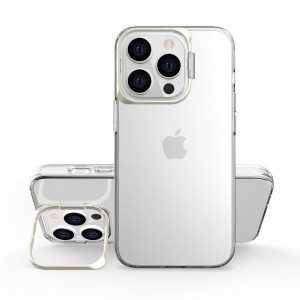 Husa de protectie pentru iPhone 14 Pro Max, cu suport metalic pentru camera, Bracket Series, Flippy, Protectie Antisoc, PC mat, silicon moale pe margini, Transparent