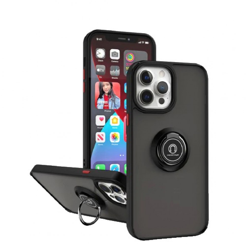 Husa Anti Fall Metal Bracket pentru Apple iPhone 14 Pro Max, Rezistenta la socuri, Margini colorate, Cu inel de prindere magnetic, Flippy, Negru
