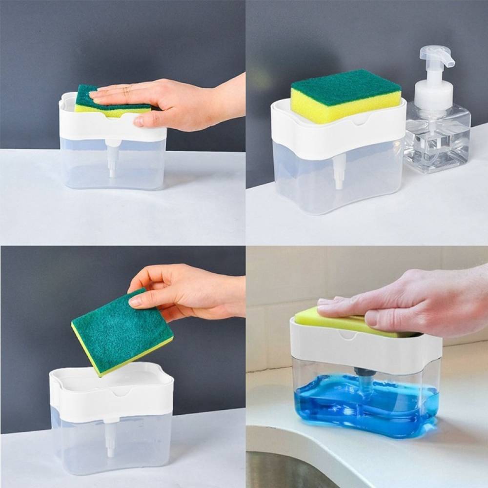 Dozator/ Dispenser 2 in 1 pentru detergent lichid de vase cu suport burete, Alb Dozator/ Dispenser 2 in 1 pentru detergent lichid de vase cu suport burete, Alb